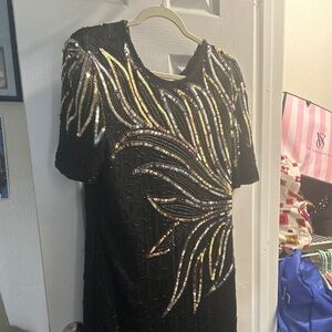 Dress- Black Sequined -Silver-Gold Beaded by J.M.C size 12 Cocktail Dress